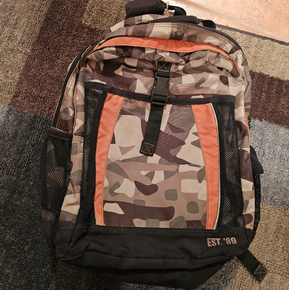 Camouflage Backpack with Orange Accents